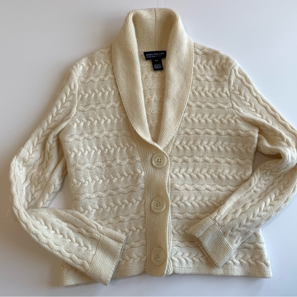 Jones New York Cable Knit Wool Cardigan Sweater‎ Cream White Size PM ITM374 - Picture 1 of 12